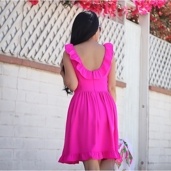 Kate Spade Fuchsia Hot Pink Ruffle Mini Dress With Pockets - Picture 3 of 3